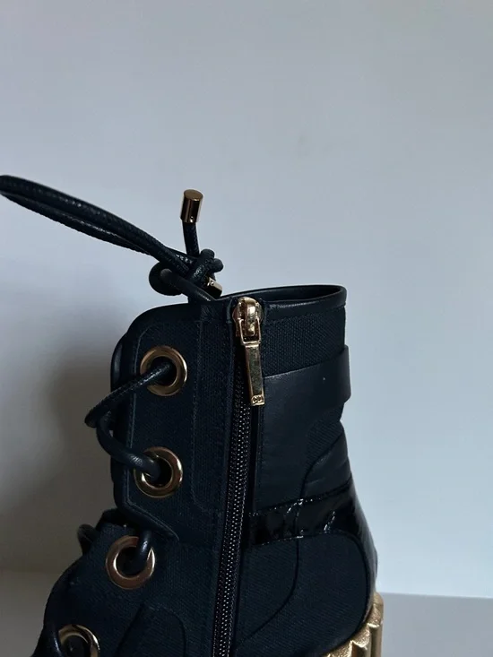 Dior Black Lace-Up Ankle Boots with Gold Ribbed Block Heel - Picture 3 of 6